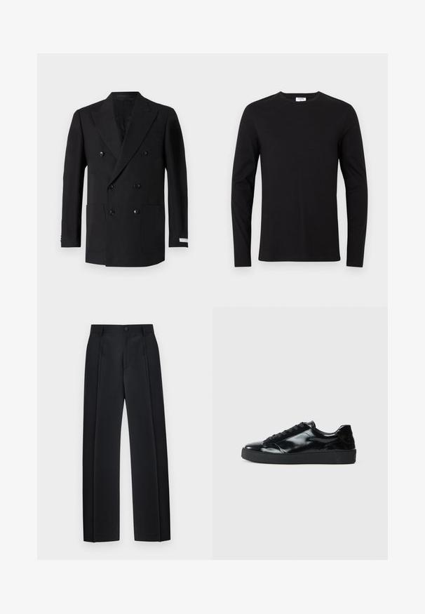 Dobbeltradet sort blazer lavet af fint stof, med to forlommer, klippede revers og sorte knapper. Skræddersyet pasform.; Sort langærmet T-shirt lavet af bomuld, med en rund halsudskæring og et enkelt design uden synlige mønstre eller udsmykninger.; Sorte skræddersyede bukser med lige ben, forreste folder, bæltestropper og knaplukning ved taljen.; Sorte laklæder sneakers med rund tå, snørredesign, tekstureret gummisål og en glat overflade.