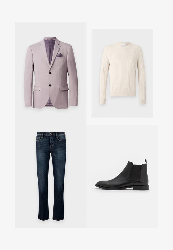 Helles Lavendelblazer mit strukturiertem Design, zwei schwarzen Knöpfen, Reverskragen und einem Einstecktuch in der Brusttasche. Die Innenfutter ist lila.; Cremefarbener Zopfpullover mit langen Ärmeln und rundem Ausschnitt, auf einem schlichten hellen Hintergrund gezeigt.; Dunkelblaue Jeans aus Denim mit geradem Bein, fünf Taschenstil, sichtbaren Nähten sowie einem Knopf- und Reißverschluss.; Schwarze Leder-Chelsea-Stiefel mit elastischen seitlichen Riemen, einer abgerundeten Kappe und einem niedrigen Absatz. Glatte Textur mit minimalistischer Gestaltung.