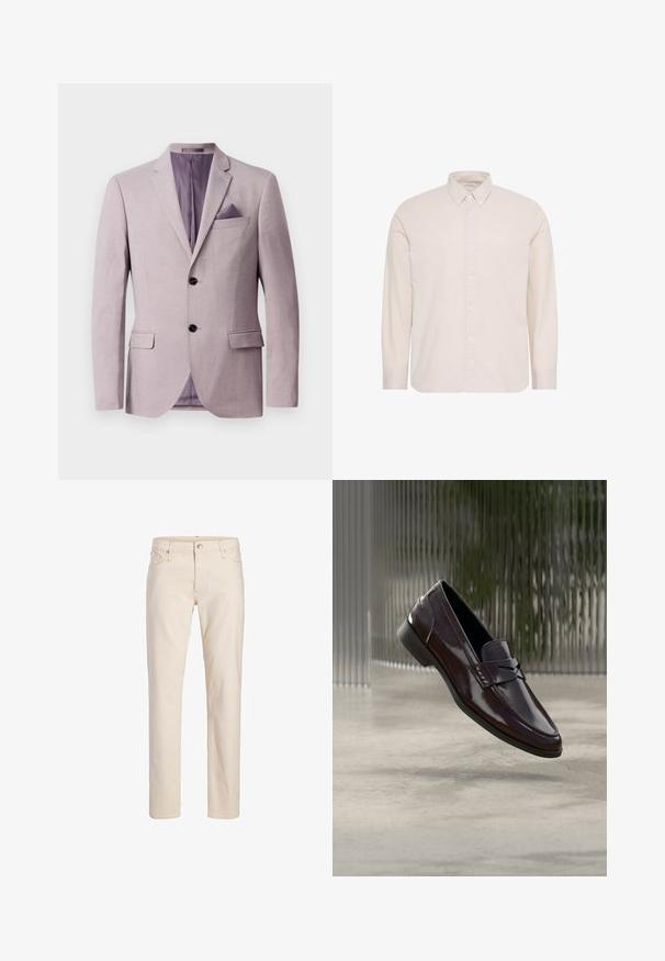 Helles Lavendelblazer mit strukturiertem Design, zwei schwarzen Knöpfen, Reverskragen und einem Einstecktuch in der Brusttasche. Die Innenfutter ist lila.; Beiges Langarmhemd mit Knopfleiste, spitzem Kragen und kleinem gesticktem Logo auf der linken Brust, dargestellt vor weißem Hintergrund.; Herren Beige Jeans mit geradem Bein, Knopf- und Reißverschluss, Gürtelschlaufen sowie Vorder- und Gesäßtaschen.; Braune Leder-Loafer mit glänzendem Finish, die eine erhabene Naht und ein kleines ausgestanztes Detail an der Vorderseite aufweisen, sowie eine flache schwarze Sohle.