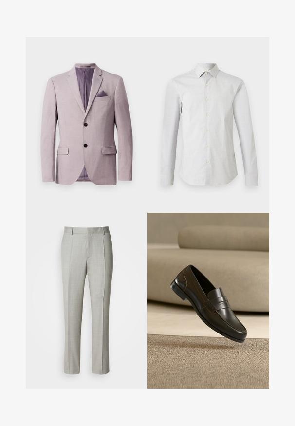 Lichtlavendel blazer met een gestructureerd ontwerp, twee zwarte knopen, notch revers en een zakdoek in de borstzak. De binnenvoering is paars.; Wit overhemd met lange mouwen, subtiel klein stippenpatroon, klassieke kraag en getailleerde pasvorm.; Lichtgrijze, op maat gemaakte broek van gladde stof, met een rechte snit, voorplooien en een klassieke tailleband met riemlussen.; Zwarte leren loafer met een strak design en decoratieve band, getoond bovenop een gestructureerd beige tapijt en een neutrale bankachtergrond.