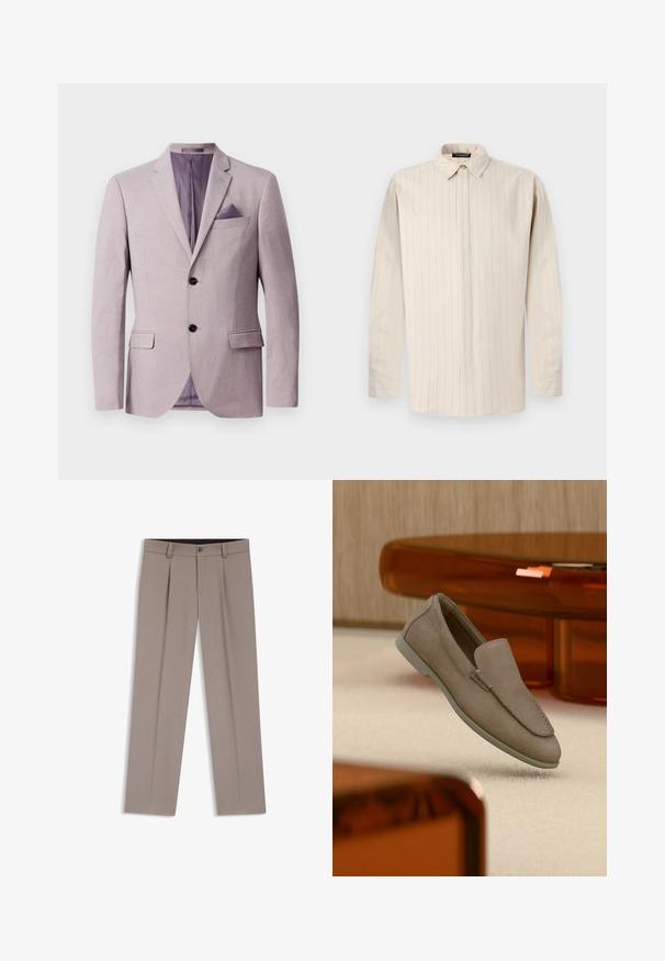 Lichtlavendel blazer met een gestructureerd ontwerp, twee zwarte knopen, notch revers en een zakdoek in de borstzak. De binnenvoering is paars.; Licht beige overhemd met lange mouwen en knoop kraag, voorzien van verticale streepjes, een rechte snit en manchetten met één knoop.; Lichtbruine, op maat gemaakte herensbroek met ceintuurlussen, plooien, knopen aan de voorkant en ritssluiting, plat gelegd op een witte achtergrond.; Beige suède instapschoen met zichtbare stiksels en lichte zool, geplaatst bovenop een crèmekleurig tapijt, met oranje doorschijnend meubilair op de achtergrond.