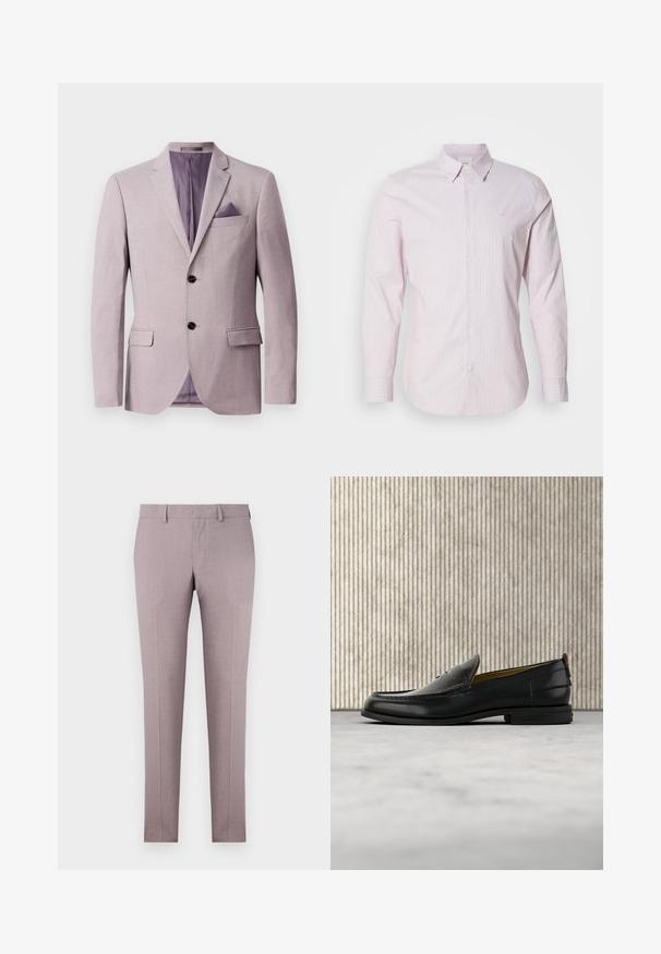 Blazer de lavanda claro con un diseño estructurado, dos botones negros, solapas con muesca y un pañuelo en el bolsillo del pecho. El forro interior es de color púrpura.; Camisa de manga larga a rayas en color rosa claro, hecha de algodón, con cuello abotonado y un pequeño logo en el pecho. Textura suave.; Pantalones a medida en tela de lavanda clara, con una textura suave, frontales planos y diseño de pierna recta. Sin patrones ni acentos visibles.; Mocasín de cuero negro para hombre con empeine grabado en relieve de cocodrilo y tacón bajo, mostrado de perfil sobre un fondo neutro.