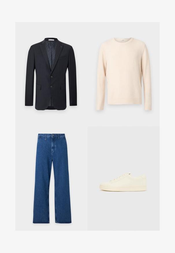 Blazer pour homme bleu marine foncé à rayures fines, avec col cranté, deux boutons à l'avant, poches à rabat et doublure intérieure à motif.; Pull en tricot à manches longues de couleur crème avec un motif texturé, des poignets et un ourlet côtelés, et un col rond.; Jean bleu à jambes larges avec passants de ceinture, fermeture à boutons et taille haute, présenté à plat sur un fond clair.; Baskets couleur crème avec une tige en cuir lisse, bout arrondi, laçage à l'avant et semelle en caoutchouc texturée. Design minimaliste, sans logo.