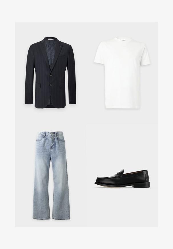 Blazer pour homme bleu marine foncé à rayures fines, avec col cranté, deux boutons à l'avant, poches à rabat et doublure intérieure à motif.; T-shirt blanc uni à manches courtes et col rond présenté sur un fond gris clair.; Jean bleu clair taille haute à jambes larges avec poches avant, fermeture à boutons et délavage sur les cuisses et les genoux.; Mocassin homme en cuir noir avec un petit talon et une couture de style mocassin sur l'avant, vu de côté sur un fond uni.