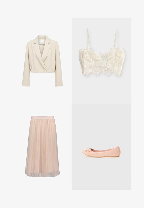 Blazer beige court avec manches longues, revers crantés, fermeture par un bouton et détail taille élastiquée.; Soutien-gorge bralette en dentelle blanche avec motifs floraux, fines bretelles réglables et bords festonnés en bas et au niveau de l'encolure.; Jupe midi plissée rose douce avec une couche extérieure transparente et une ceinture solide, conçue pour un port léger et fluide.; Ballerine en matériau synthétique rose clair avec un bout arrondi, ornée d'un petit nœud et d'une semelle flexible.
