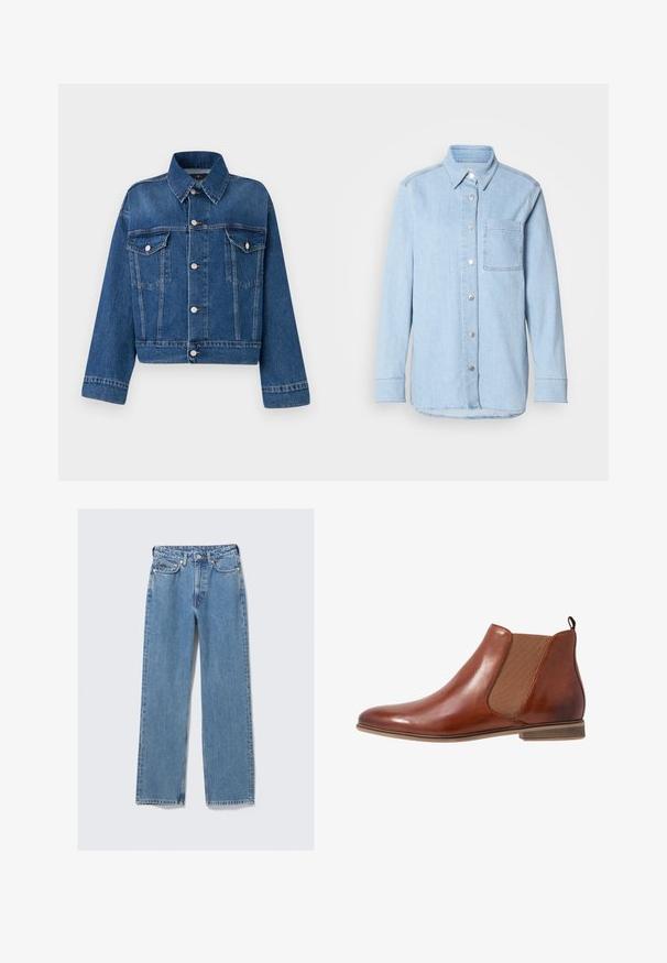 Blå denimjakke med krave, to brystlommer, knaplukninger og cropped design. Har kontrastsyninger og en tekstureret finish.; Lyseblå denimskjorte med knaplukning foran, spids krave, enkelt brystlomme og lange ærmer med knapmanchetter.; Blå, høj-taljede, straight-leg denimjeans med frontknap, lynlås, bæltestropper og fem-lommer design på en ensartet lys baggrund.; Brune læder Chelsea støvle med elastiske sidepaneler, rund tå og en lille hæl. Glat tekstur med en trækflap bagpå.
