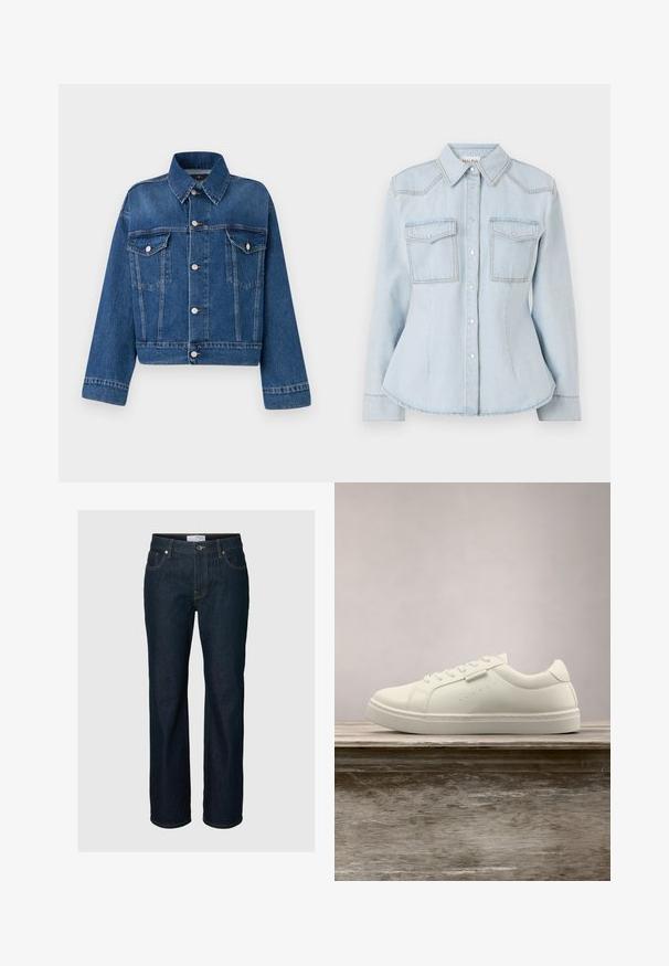 Modrá deninová bunda s golierom, dvoma vreckami na hrudi, gombíkovým zapínaním a skráteným strihom. Má kontrastné švy a textúrovaný povrch.; Svetlomodrá denim košeľa s priliehavým strihom, špicatým golierom, dvoma náprsními vreckami a kontrastným stehom. Obsahuje zapínanie na gombíky a dlhé rukávy.; Tmavomodré rifle s rovnými nohavicami, piatimi vreckami, zapínaním na gombíky a kontrastným prešívaním, zobrazené na jednofarebnom pozadí.; Biele kožené tenisky so šnúrkami nad drevenou lavicou, v pozadí sú rozmazané vysoké zelené trávy vonku.