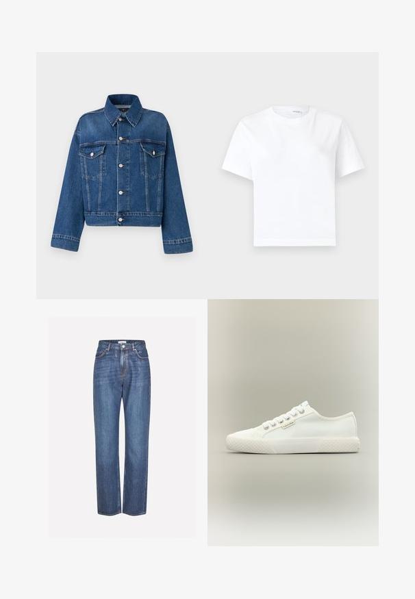 Blå denimjakke med krave, to brystlommer, knaplukninger og cropped design. Har kontrastsyninger og en tekstureret finish.; Hvid kortærmet bomuld t-shirt med rund halsudskæring og lige kant, vist på en hvid baggrund.; Lyseblå denimjeans med lige ben, der har en knaplukning, fem lommer og subtilt falmet stof.; Hvid lavtopet lærreds-sneaker med tekstureret gummisål, hvide snørebånd og lille Calvin Klein-mærke på siden.