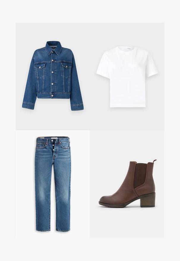 Blauwe spijkerjack met een kraag, twee borstzakken, knoopsluitingen en een cropped ontwerp. Voorzien van contrasterende stiksels en een gestructureerde afwerking.; Effen witte katoenen T-shirt met korte mouwen, ronde hals en rechte zoom, getoond op een witte achtergrond.; Blauwe spijkerbroek met een rechte pijp, voorzien van een knopenfly, vijf zakken en een licht vervaagde textuur aan de voorkant.; Bruine leren enkellaars met een gladde afwerking, elastische zijpanelen, een ronde neus en een gematigde houten hak.