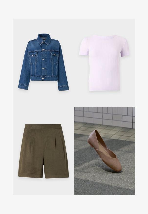 Blauwe spijkerjack met een kraag, twee borstzakken, knoopsluitingen en een cropped ontwerp. Voorzien van contrasterende stiksels en een gestructureerde afwerking.; Korte mouw lichtpaarse geribde gebreide T-shirt met ronde hals, afgebeeld op een effen lichtgrijze achtergrond.; Donkergroene shorts van een zachte, suede-achtige stof, met een geplooid ontwerp, een middellange snit en een schone, gestructureerde tailleband.; Enkellaarsje voor dames in effen beige kleur met verschillende texturen, zwevend boven een betegeld oppervlak nabij een muur met tegels.
