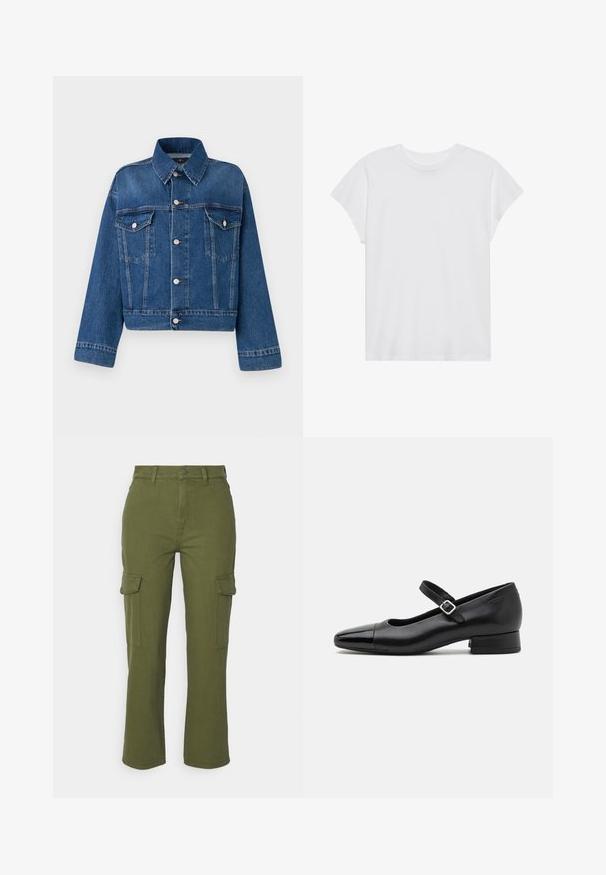Blå denimjakke med krave, to brystlommer, knaplukninger og cropped design. Har kontrastsyninger og en tekstureret finish.; Hvid kortærmet t-shirt med rund hals, afslappet pasform, lavet af blødt bomuldsstof. Glat tekstur, ingen mønstre eller logoer.; Olivenfarvede cargo bukser med lige ben-design, frontlynlås og to sidelommer. Fremstillet af slidstærkt, tekstureret stof.; Sorte læder Mary Jane-sko med en patenttå, justerbar ankelrem og lav blokhæl. Glat tekstur og strømlinet design.
