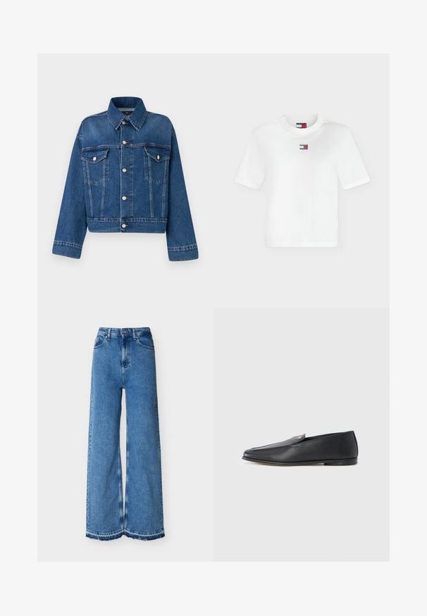 Blauwe spijkerjack met een kraag, twee borstzakken, knoopsluitingen en een cropped ontwerp. Voorzien van contrasterende stiksels en een gestructureerde afwerking.; Wit T-shirt met korte mouwen en ronde hals met een klein rechthoekig Tommy Jeans-logo in rood, wit en marineblauw, gecentreerd op de borst.; Blauwe denim jeans met wijde pijpen, hoge taille, knopen aan de voorkant met rits, vijf zakken en rafelige zoom.; Zwarte leren loafers met een gladde textuur, een afgeronde neus en subtiele stiksel details. Voorzien van een gouden logomerk aan de bovenzijde.
