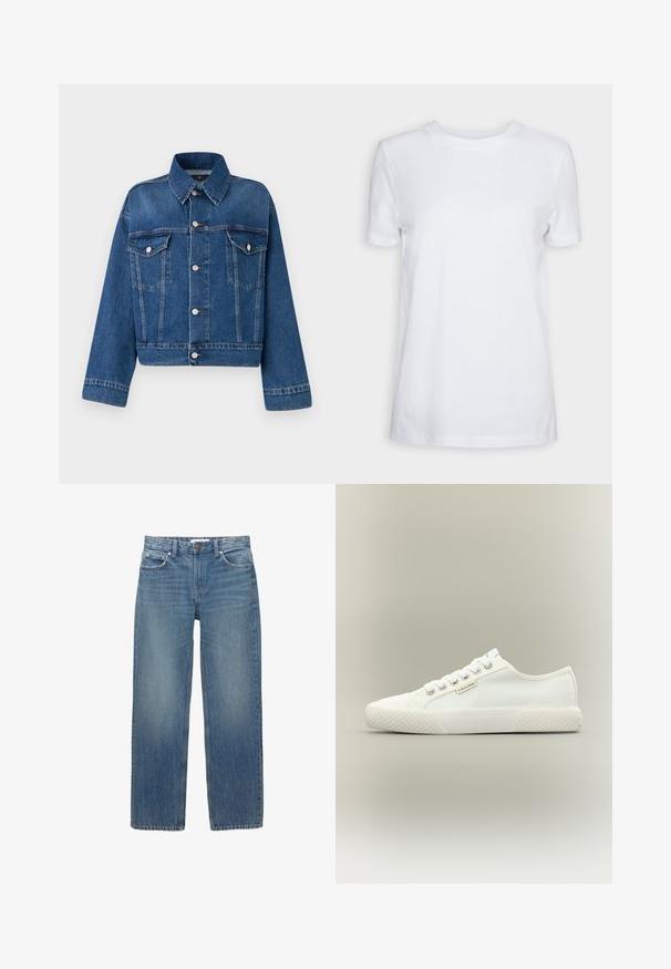 Blå denimjakke med krave, to brystlommer, knaplukninger og cropped design. Har kontrastsyninger og en tekstureret finish.; Simpel hvid T-shirt med korte ærmer og rund hals, normal pasform og et lille indvendigt mærke på nakken med teksten "SELECTED FEMME."; Lysblå denimjeans med lige snit, fem lommer og hardware i kobberfarve. Stoffet har en let falmning og en glat tekstur.; Hvid lavtopet lærreds-sneaker med tekstureret gummisål, hvide snørebånd og lille Calvin Klein-mærke på siden.
