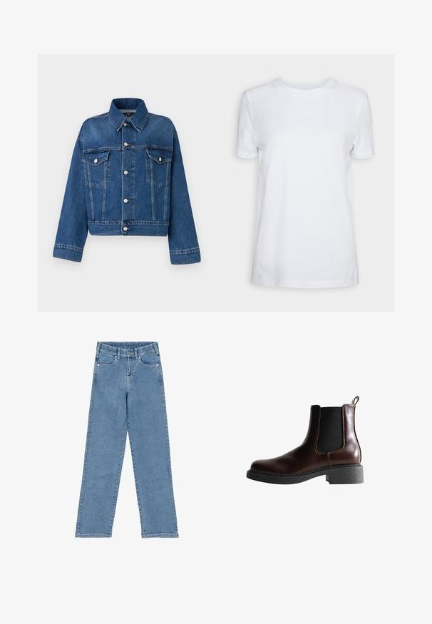 Blauwe spijkerjack met een kraag, twee borstzakken, knoopsluitingen en een cropped ontwerp. Voorzien van contrasterende stiksels en een gestructureerde afwerking.; Effen wit T-shirt met korte mouwen en ronde hals, normale pasvorm en een klein label aan de binnenkant van de hals met de tekst "SELECTED FEMME."; Lichtblauwe denim jeans met een hoge taille, rechte pijpen en voorzakken. Voorzien van een knoopsluiting en zilverkleurige hardware.; Bruine leren enkelboot met elastische zijpanelen, ronde neus en een gestructureerde zwarte rubberen zool. Heeft contrasterende stiksels en een lusje aan de achterkant.