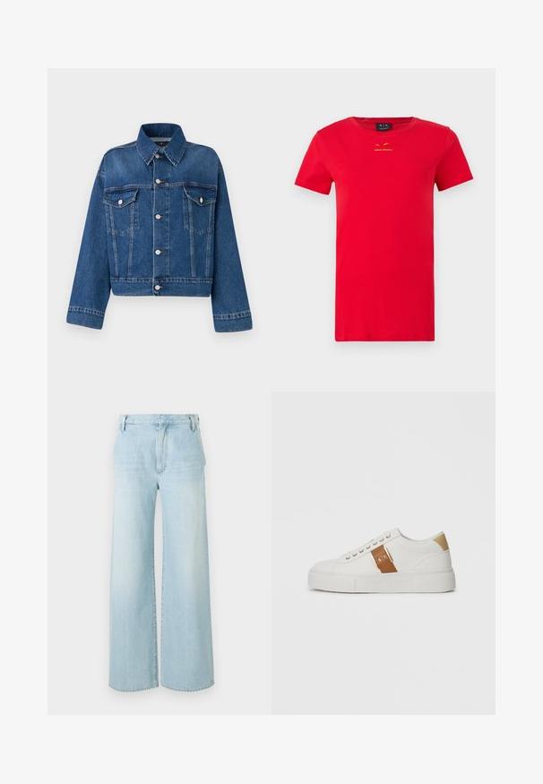 Blå denimjakke med krave, to brystlommer, knaplukninger og cropped design. Har kontrastsyninger og en tekstureret finish.; Rød bomulds t-shirt med rund halsudskæring, korte ærmer og et lille gult "Armani Exchange" logo på brystet. Glat tekstur.; Lyseblå vide jeans i denim. Har høj talje, fem-lommers design og subtil fading med en ren kant.; Hvide lavtop sneakers med beige hælpatch, brun læderrem med guldlukning og A|X brand, samt præget Armani Exchange sål.