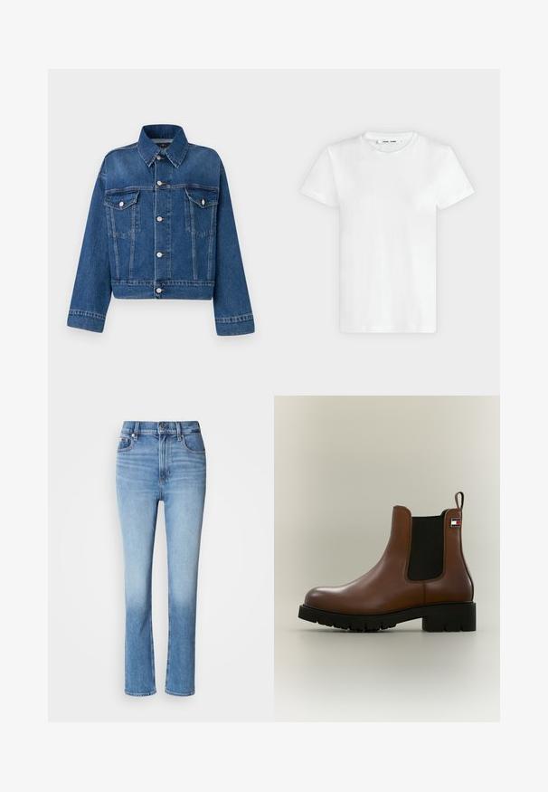 Blauwe spijkerjack met een kraag, twee borstzakken, knoopsluitingen en een cropped ontwerp. Voorzien van contrasterende stiksels en een gestructureerde afwerking.; Effen witte T-shirt met korte mouwen en ronde hals, plat liggend op een lichtgrijze achtergrond, met voorzijde en label aan de binnenkant van de halslijn zichtbaar.; Blauwe denim jeans met hoge taille, rechtvallende pasvorm, vervaagde kleurverloop en vijf-pocketstijl. Metalen knoop en ritssluiting.; Bruine leren Chelsea-laars met zwart elastisch zijpaneel, dikke zwarte zool, hieltrekbandje en klein rechthoekig logo aan de bovenkant.