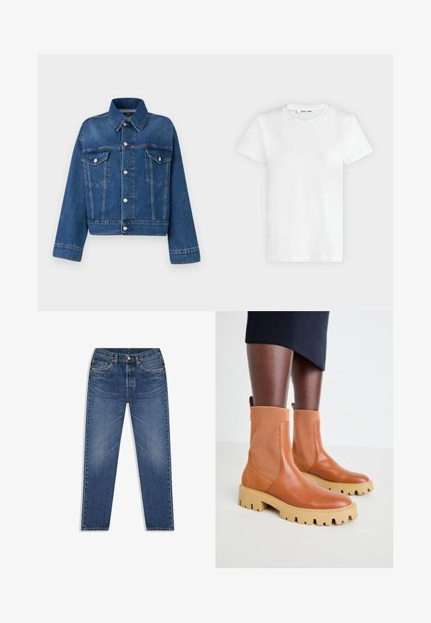 Blå denimjakke med krave, to brystlommer, knaplukninger og cropped design. Har kontrastsyninger og en tekstureret finish.; En simpel hvid T-shirt med korte ærmer og rund hals lagt fladt på en lys grå baggrund, hvor forsiden med label inde i halsen vises.; Blå denim jeans med lige ben-design, der har knap- og lynlåsgylpter, fem lommer og subtilt slid i vasken.; Brune læder ankelstøvler med ribbede elastiske paneler, chunky beige sål og trækstrop detalje; moderne design med en tekstureret overflade.