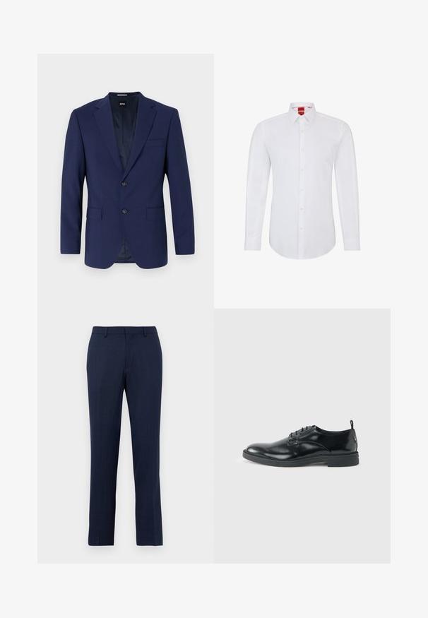 Blazer azul marino con hombros estructurados, diseño de un solo botón, dos bolsillos frontales, cierre de un solo botón, tela suave y un sutil patrón interior.; Camisa blanca de manga larga con cuello, que presenta un cierre frontal de botones y un tejido suave y liso. Sin patrones ni acentos visibles.; Pantalones de corte entallado en azul marino con pasadores para cinturón, cierre frontal con cremallera y ajuste recto sobre un fondo blanco liso.; Zapato de vestir negro de cuero brillante con tacón bajo, cierre de cordones y puntera redonda, mostrado de lado sobre un fondo claro y liso.