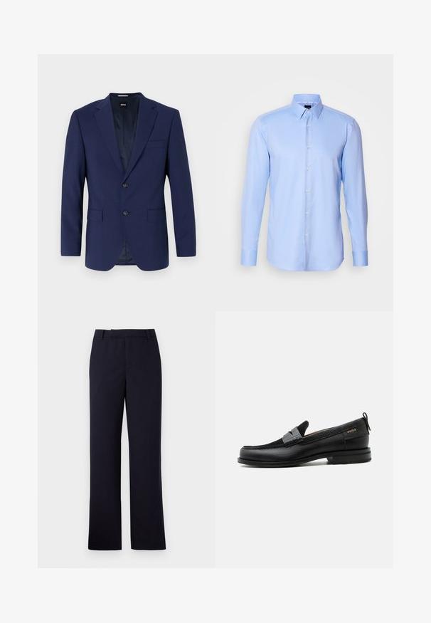 Blazer azul marino con hombros estructurados, diseño de un solo botón, dos bolsillos frontales, cierre de un solo botón, tela suave y un sutil patrón interior.; Camisa de botones de manga larga color azul claro, hecha de tejido texturizado, con cuello puntiagudo y cierre de botones clásico en la parte delantera.; Libertine-Libertine DECADE TAILORED - Pantalones - navy; Mocasín de cuero negro con detalle de tira gris, tacón bajo y suela texturizada, con la marca "HUGO" en oro en el lateral.