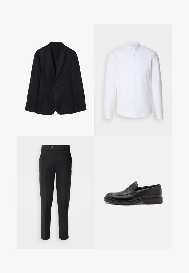 Marineblå linned blazer med to-knaps lukning, notch-lapper, to forreste lommer og knapmanchetter for en strømlinet silhuet.; Hvid langærmet skjorte med knapper lavet af glat stof, har en klassisk krave, otte knapper ned ad fronten og standardmanchetter.; Lindbergh Bukser - black melange; Sorte læderloafers med en syet tådetalje, to vandrette remme over forsiden, og en træhæl. Glat tekstur og afrundet form.