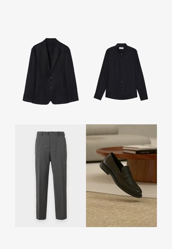 Marineblå linned blazer med to-knaps lukning, notch-lapper, to forreste lommer og knapmanchetter for en strømlinet silhuet.; Sort langærmet skjorte med knapper og klassisk krave, præsenteret fladt mod en hvid baggrund.; Kulsorte herre dressbukser med subtile pinstriber, knaplukning, bæltestropper og lige ben-design mod en hvid baggrund.; Sort læderloafer vist i luften over en beige vævet tæppe, med et træbord og stablede bøger i et blødt oplyst stue.
