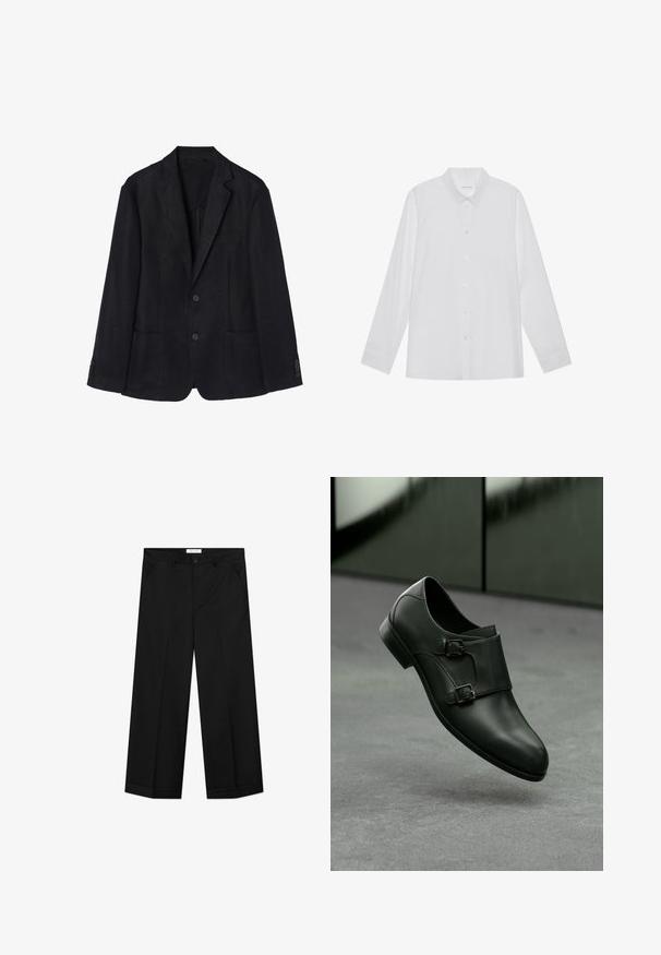Marineblå linned blazer med to-knaps lukning, notch-lapper, to forreste lommer og knapmanchetter for en strømlinet silhuet.; Hvid langærmet skjorte lavet af glat stof, med spidse krave, frontknaplukning og enknapsmanchetter.; Sorte bukser med vide ben lavet af et glat materiale, med forlommer, knaplåsning og en presset rille ned langs hvert ben.; Sorte lædersko med et strømlinet design, der har to sølvfarvede spænde accenter og en rund tå, sat mod en grå baggrund.