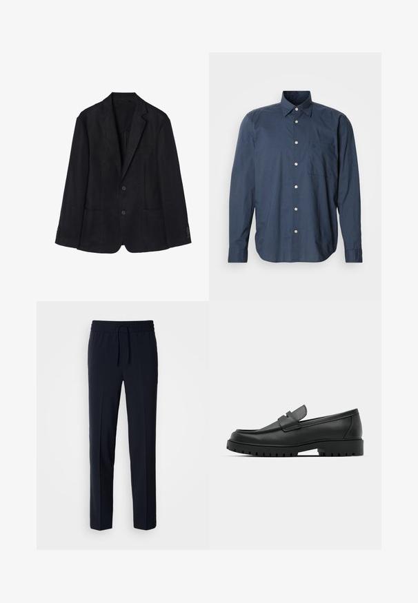 Marineblå linned blazer med to-knaps lukning, notch-lapper, to forreste lommer og knapmanchetter for en strømlinet silhuet.; Mørkeblå skjorte med lange ærmer, lille ternet mønster, enkelt brystlomme og hvide knapper på en ensfarvet baggrund.; Marineblå, letvægtsbukser med elastisk talje og justerbar snor, med lige pasform og glat tekstur.; Sorte læder loafers med rund tå, der har et syet design, lav platformssål og en struktureret, skridsikker gummisål.
