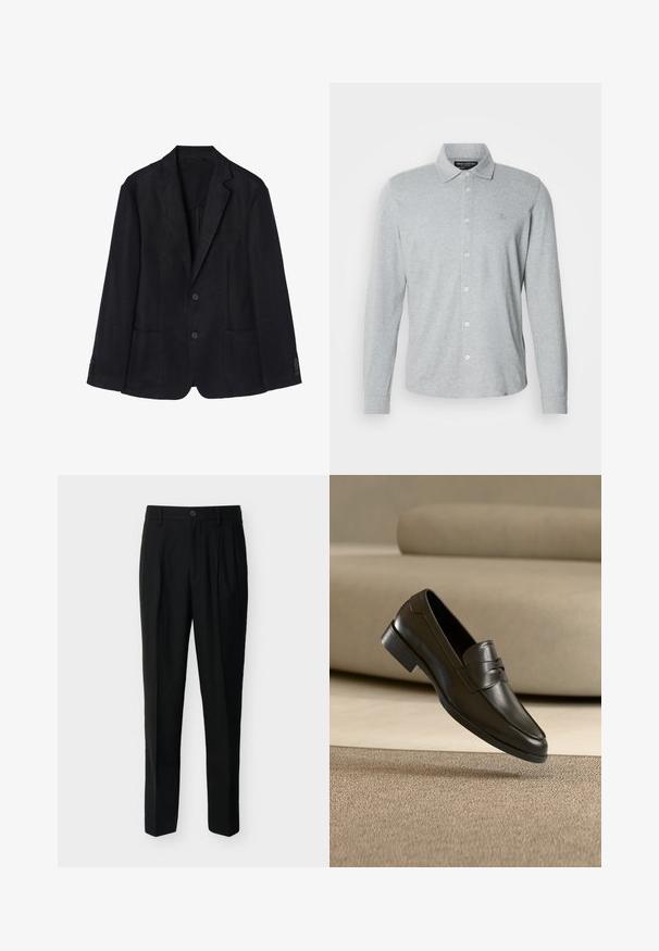 Marineblå linned blazer med to-knaps lukning, notch-lapper, to forreste lommer og knapmanchetter for en strømlinet silhuet.; Langærmet grå poloshirt lavet af blød bomuld, med knaplukning foran, spidst krave og diskret logo på brystet.; Sorte, skræddersyede bukser med høj talje, bæltestropper, forreste læg, sidelommer samt knap- og lynlåslukning.; Sort lædersko med slip-on design, svævende over beige tæppe med beige sofa i baggrunden, der fremhæver klassisk herrestil.