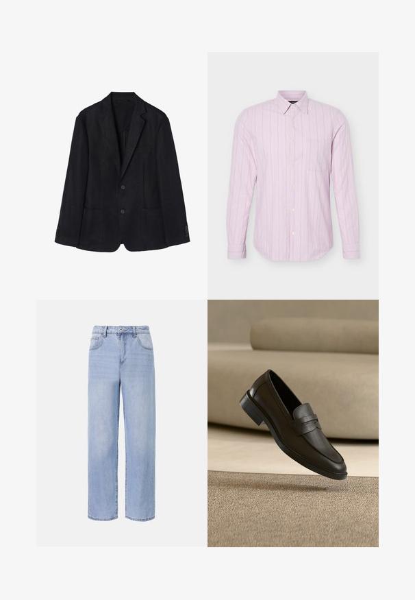 Marineblå linned blazer med to-knaps lukning, notch-lapper, to forreste lommer og knapmanchetter for en strømlinet silhuet.; Lyserød skjorte med lange ærmer, knapper og tynde lodrette hvide striber samt en enkelt brystlomme, vist på hvid baggrund.; Lyseblå denimjeans med et afslappet, bredbenet design. Funktioner inkluderer fem lommer, en frontknaplukning og diskret falmning.; Sort læder loafer sko, der hviler på et beige tæppe med en buet beige sofa i baggrunden.