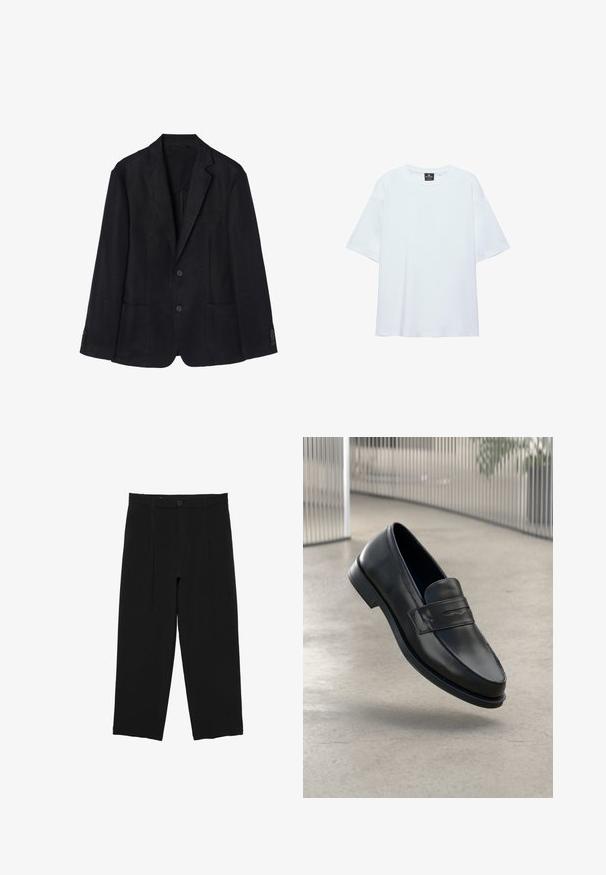 Marineblå linned blazer med to-knaps lukning, notch-lapper, to forreste lommer og knapmanchetter for en strømlinet silhuet.; Hvid, oversized T-shirt med korte ærmer og rund halsudskæring, med en sort etiket inde i kraven på en hvid baggrund.; Sorte bukser med vide ben, bæltestropper, frontknap og plisseret design, vist mod en hvid baggrund.; Sort lædersko med glat tekstur, spids tå og en dekorativ rem over vristen. Letvægts sål, minimalistisk design.