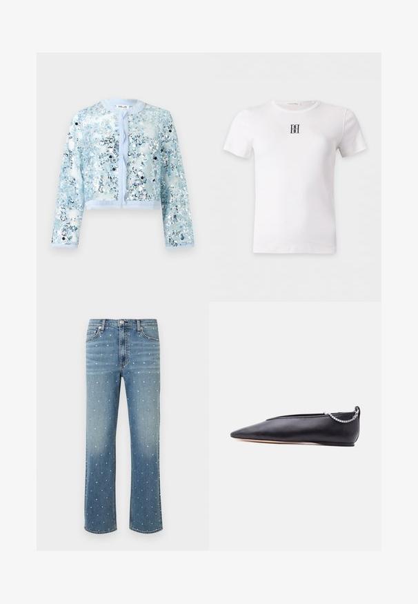 Veste longue transparente bleu clair à manches longues, col rond, ouverte devant et recouverte de sequins argentés et bleus brillants.; T-shirt blanc à manches courtes avec un petit logo noir brodé au centre de la poitrine et un col rond.; Jean en denim bleu avec une coupe droite, présentant un motif en pointillé de petites décorations argentées et un design classique à cinq poches.; Chaussure plate noire en cuir pointue avec un petit talon et un détail de chaîne argentée à l'arrière sur un fond uni.
