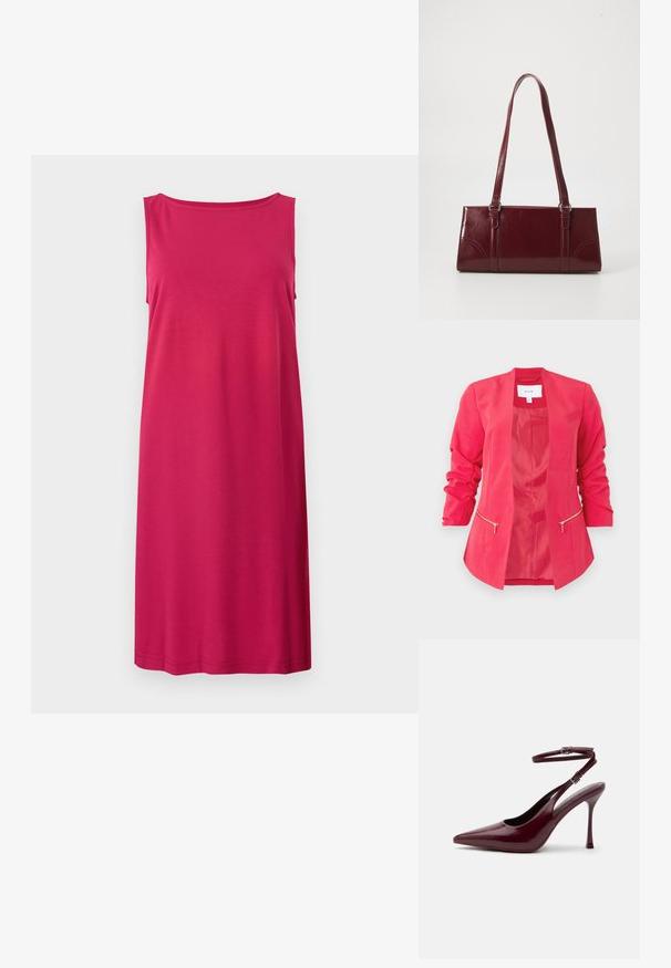 Blazer rose vif pour femme avec manches 3/4 froncées, devant ouvert et deux poches zippées horizontales à la taille.; Robe décontractée sans manches, rose vif, longueur au genou, avec un col rond, fabriquée en tissu doux et lisse sur un fond clair uni.; Chaussure à talon haut bordeaux brillant à bout pointu avec bride de cheville et boucle, talon aiguilles fin, vue de côté sur fond uni.; Sac à main bordeaux en matériau brillant, de forme rectangulaire, avec deux anses et des accents légèrement courbés à l'avant.
