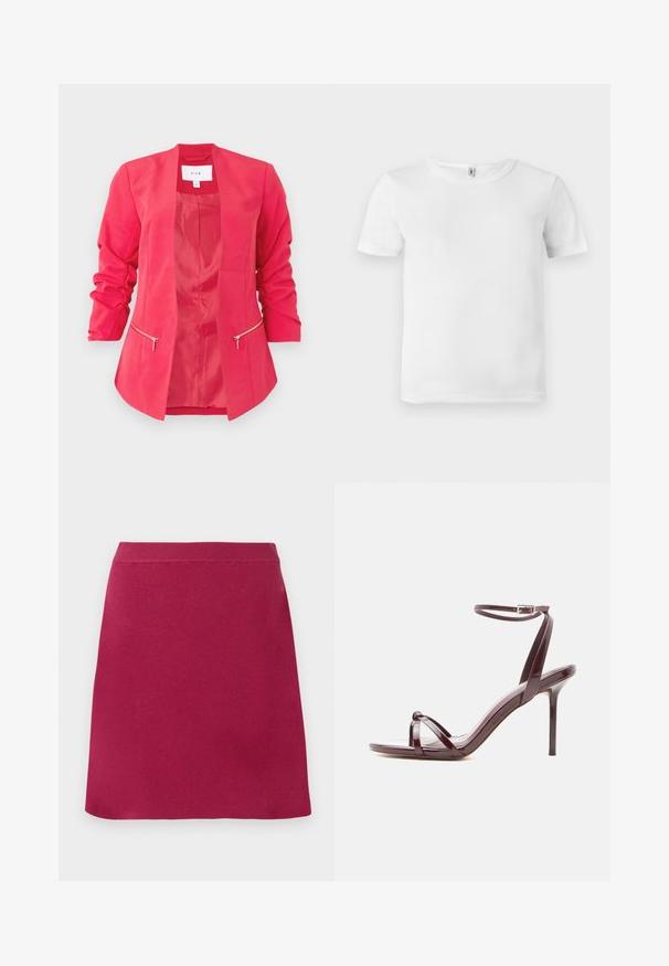 Blazer rose vif pour femme avec manches 3/4 froncées, devant ouvert et deux poches zippées horizontales à la taille.; T-shirt blanc à manches courtes avec une texture côtelée. Encolure classique, sans logos ni motifs visibles, et un design simple et épuré.; Jupe rouge arrivant au genou, ajustée, avec une texture lisse et une large ceinture élastique, présentant un design simple sans motifs ni accents visibles.; Sandale à talon haut en cuir verni bordeaux avec fine bride à la cheville et brides croisées sur les orteils sur fond blanc.