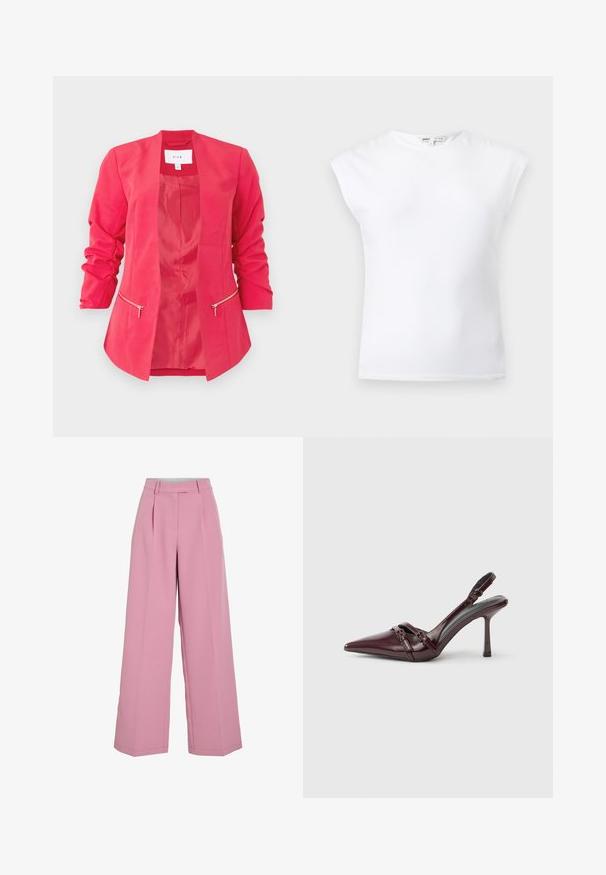Blazer rose vif pour femme avec manches 3/4 froncées, devant ouvert et deux poches zippées horizontales à la taille.; Haut blanc sans manches avec épaules rembourrées et encolure ronde, design uni, présenté sur un fond gris clair.; Pantalon rose à jambes larges avec plis plats à l'avant, taille avec passants pour ceinture, et fermeture devant cachée.; Escarpin slingback en cuir verni bordeaux avec bout pointu, fine bride à la cheville et petit détail décoratif de boucle. Texture lisse et talon haut.