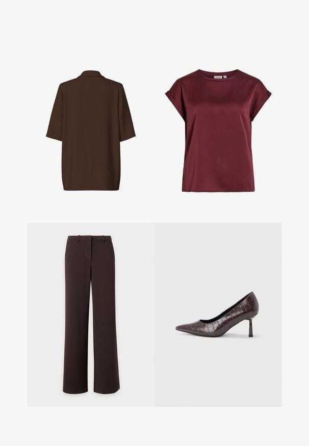 Veste blazer marron à manches courtes avec col, vue de dos sur un fond blanc uni.; Blouse bordeaux à manches courtes et col rond, avec des poignets retroussés et une texture de tissu lisse légèrement brillante.; Pantalon large marron foncé avec passants pour ceinture et fermeture avant dissimulée, présenté à plat sur fond blanc.; Escarpins à bout pointu en similicuir marron avec une texture crocodile, dotés d’un talon fin et angulaire ainsi que d’une doublure intérieure lisse.