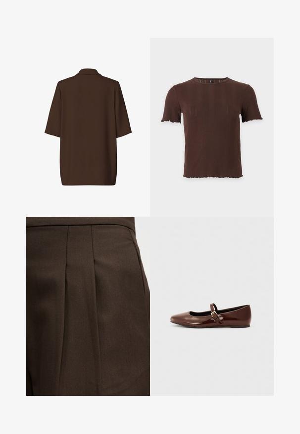 Veste blazer marron à manches courtes avec col, vue de dos sur un fond blanc uni.; Haut marron en maille côtelée à manches courtes avec un col rond et des bords festonnés aux manches et à l'ourlet, présenté sur un fond clair uni.; Vêtement brun foncé sur mesure avec un détail de plis verticaux sur une surface de tissu lisse.; Ballerine en cuir verni marron avec un bout carré et une lanière ornée d'une petite boucle dorée. Texture lisse, talon bas et design minimaliste.