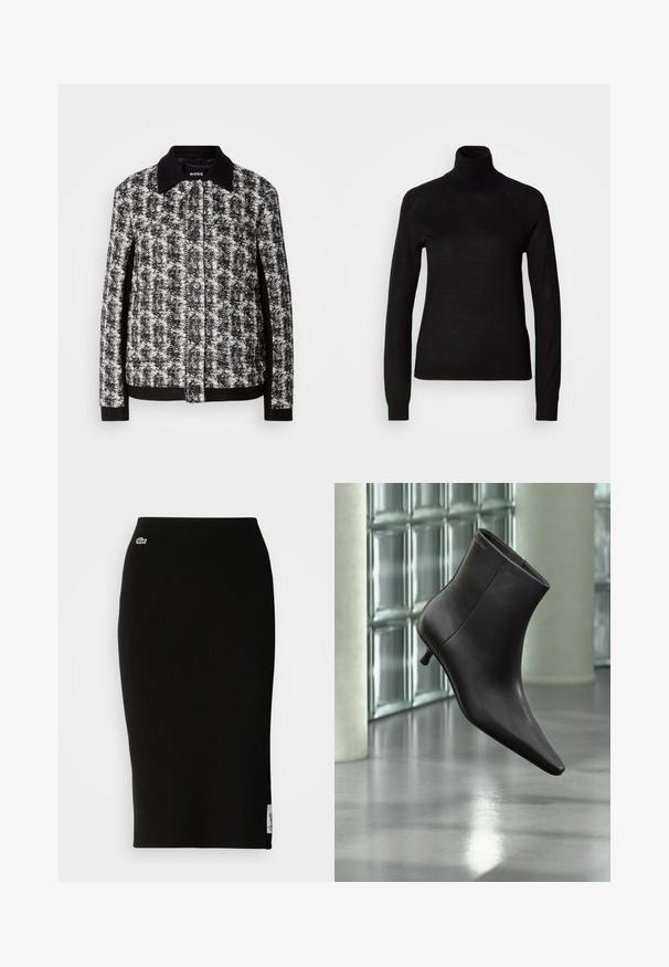 Chaqueta de patrón en blanco y negro con cuello camisero, cierre de botones y puños contrastantes. Confeccionada en tejido texturizado, presenta un corte entallado.; Suéter negro de cuello alto hecho de un tejido de punto ligero. Presenta mangas largas y una silueta ajustada con costuras raglán.; Falda midi de punto acanalado negra con silueta ajustada. Pequeño detalle del logo de Lacoste en la cinturilla, con una textura suave.; Bota de cuero negro para el tobillo con puntera puntiaguda y tacón pequeño, exhibida frente a una pared de bloques de vidrio y un suelo pulido.