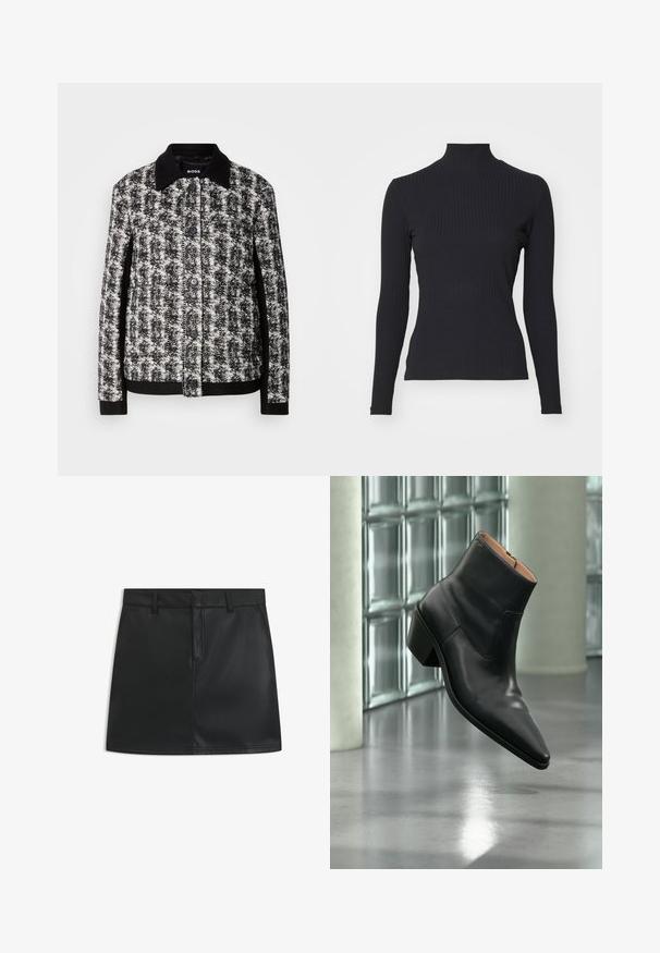 Chaqueta de patrón en blanco y negro con cuello camisero, cierre de botones y puños contrastantes. Confeccionada en tejido texturizado, presenta un corte entallado.; Top negro de cuello alto con costillas y mangas largas. Fabricado con una tela elástica con forma ajustada y cuello alto. Diseño simple sin adornos.; Mini falda de cuero negro con un diseño ajustado, que presenta una cremallera frontal, lazos para cinturón y costuras limpias. Textura suave con un acabado elegante.; Botín de piel negra con puntera puntiaguda y tacón cuadrado que levita sobre un suelo gris reflectante cerca de una pared de bloques de cristal.