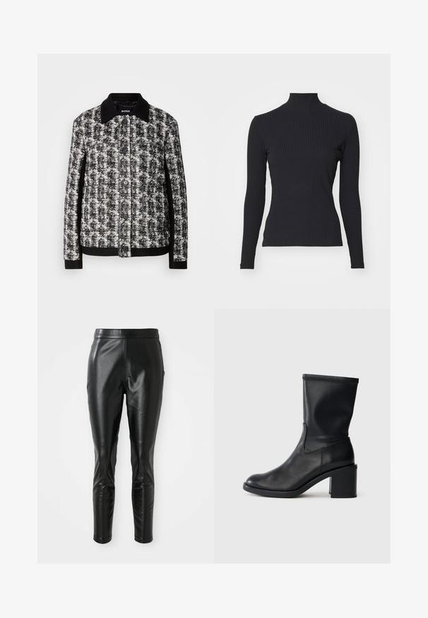 Chaqueta de patrón en blanco y negro con cuello camisero, cierre de botones y puños contrastantes. Confeccionada en tejido texturizado, presenta un corte entallado.; Top negro de cuello alto con costillas y mangas largas. Fabricado con una tela elástica con forma ajustada y cuello alto. Diseño simple sin adornos.; Pantalones de cuero negro con un ajuste slim, con una textura suave y una cintura alta. Los detalles incluyen acentos en las rodillas para un diseño añadido.; Botín negro de cuero hasta el tobillo con punta redonda, textura suave y tacón grueso, que presenta un eje ajustado y un sutil detalle de costura.