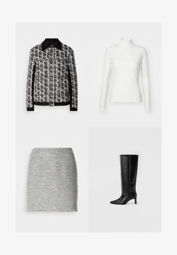 Chaqueta de patrón en blanco y negro con cuello camisero, cierre de botones y puños contrastantes. Confeccionada en tejido texturizado, presenta un corte entallado.; Top de cuello alto blanco con canalé y mangas largas, fabricado en una tela elástica. Presenta un diseño ajustado y un escote alto para mayor cobertura.; Minifalda de tweed entrelazado en gris y beige con un corte recto y un dobladillo con flecos sobre un fondo blanco liso.; Botas negras hasta la rodilla hechas de cuero suave, con punta puntiaguda y tacón delgado, con caña ajustada y diseño minimalista.