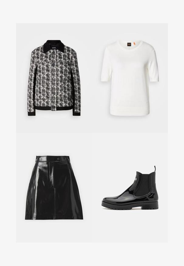 Chaqueta de patrón en blanco y negro con cuello camisero, cierre de botones y puños contrastantes. Confeccionada en tejido texturizado, presenta un corte entallado.; Top de punto blanco de manga corta con escote redondo, dobladillo acanalado y textura suave. Etiqueta con logo en la parte del cuello en color naranja.; Mini falda de piel sintética negra con un acabado brillante, que presenta una cinturilla estructurada, un bolsillo frontal y un sutil detalle de logo.; HUGO TABITA - Botas de agua - black