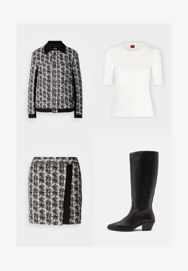 Chaqueta de patrón en blanco y negro con cuello camisero, cierre de botones y puños contrastantes. Confeccionada en tejido texturizado, presenta un corte entallado.; Camiseta blanca ajustada de manga corta con escote redondo y etiqueta de marca roja en el interior del cuello.; Falda de cuadro de ajedrez en blanco y negro con una cintura elástica, que presenta un panel de tela negra en el costado. Largo corto, tejido texturizado.; Bota de cuero negra hasta la mitad de la pantorrilla con puntera puntiaguda y tacón bajo inclinado sobre un fondo claro y liso.