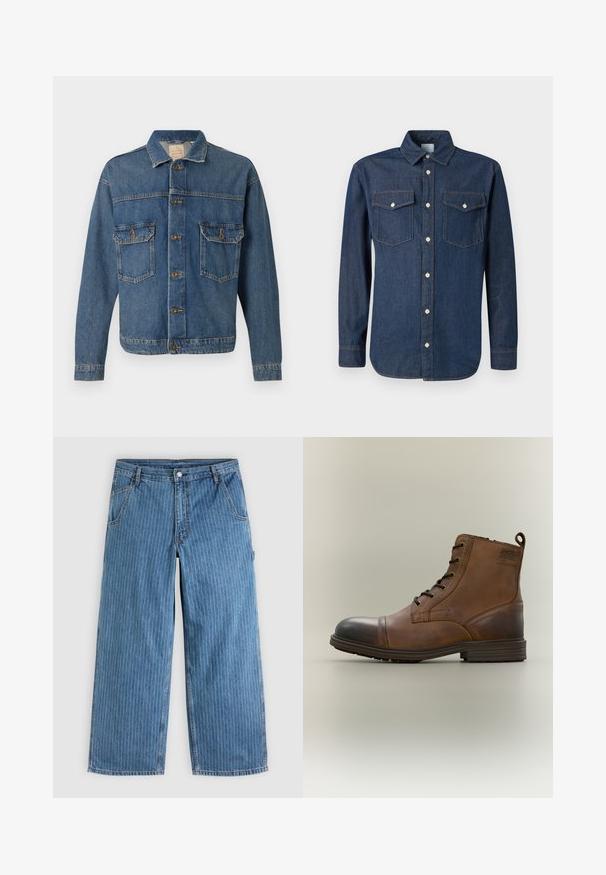 Blauwe denimjack met knopen aan de voorkant, twee met knopen afgewerkte borstzakken en een klassieke kraag op een effen achtergrond.; Donkerblauwe denim blouse met een klassieke kraag, lange mouwen en twee borstzakken. Voorzien van witte knopen en contrasterende stiksels.; Blauwe jeans met wijde pijpen en dunne witte verticale spijkerstreepjes, voorzakken, riemlussen en een knoopsluiting in de taille.; Bruine leren enkellaars met veters, zwarte neuskap, ronde zool en merkdetail aan de zijkant tegen een effen achtergrond.