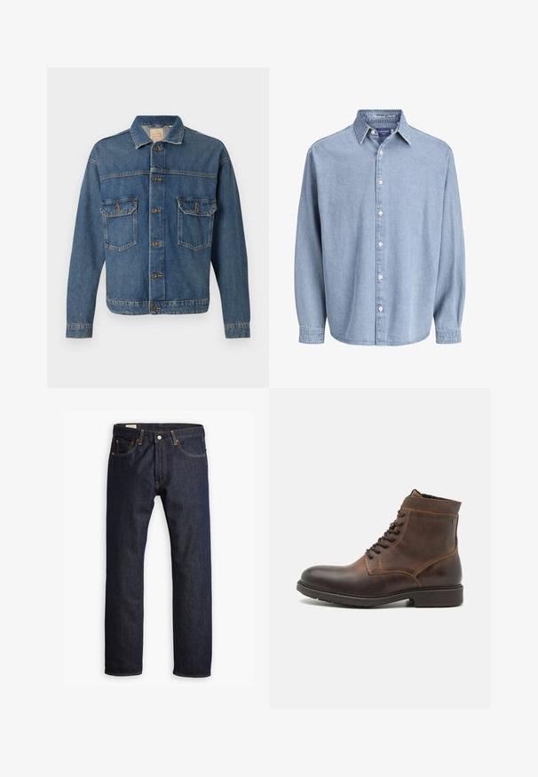 Blauwe denimjack met knopen aan de voorkant, twee met knopen afgewerkte borstzakken en een klassieke kraag op een effen achtergrond.; Lichtblauwe denim lange mouw knoophemd met kraag en witte knopen, weergegeven tegen een effen witte achtergrond.; Donkerblauwe denim jeans met een rechte pijp, oranje stiksels en stijl met vijf zakken, voorzien van een metalen knoopsluiting.; Jack & Jones JFWDELANEY BOOT - Veterboots - cognac