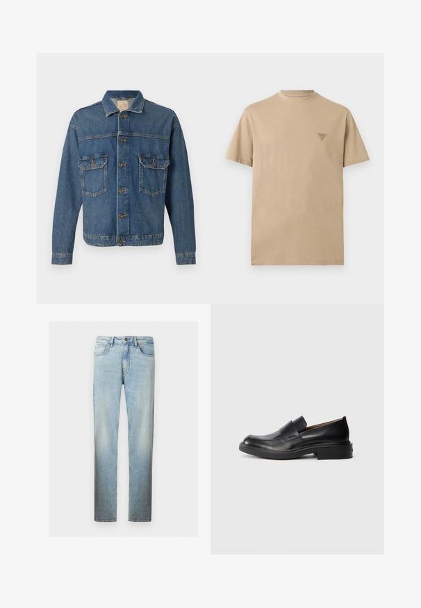 Blå denimjakke med knapfront, to knaplukningsbrystlommer og en klassisk krave på en ensfarvet baggrund.; Beige kortærmet T-shirt med rund halsudskæring og en lille trekantet logo på venstre bryst, ensfarvet design, standard pasform.; Lyseblå straight-leg denimjeans med klassisk fem-lomme-design og forlukning med knapper foran.; Sorte læder slip-on dress sko med lav hæl og subtil Calvin Klein logo på siden, vist i profil på en hvid baggrund.