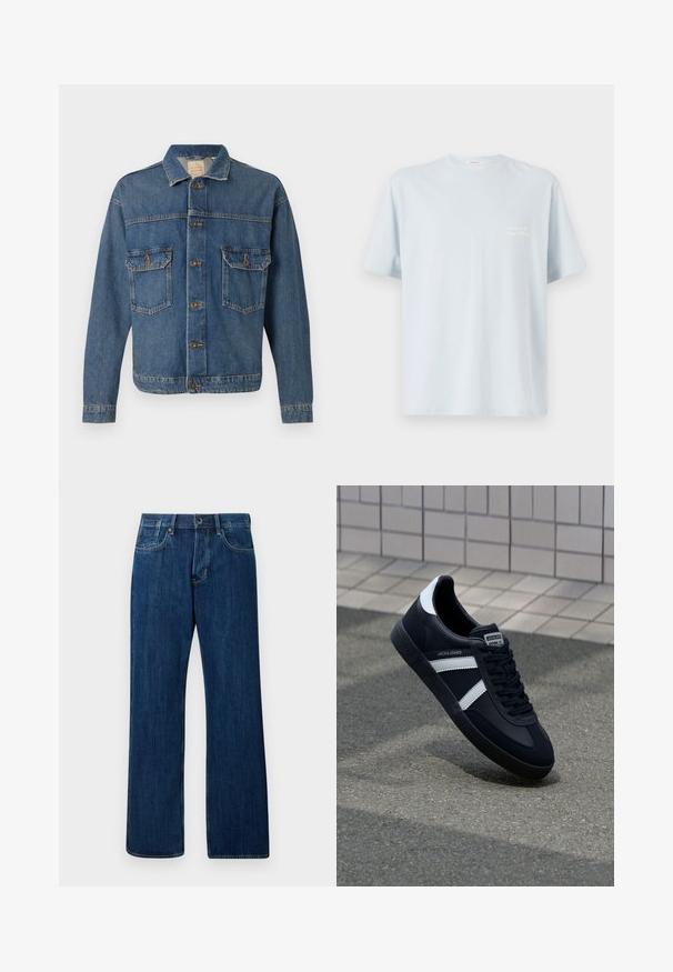 Blå denimjakke med knapfront, to knaplukningsbrystlommer og en klassisk krave på en ensfarvet baggrund.; Lyseblå bomulds t-shirt med rund hals og korte ærmer. Har et lille hvidt logo på venstre brystområde. Glat tekstur.; Mørkeblå denim jeans, lige ben design, mellemhøj talje, klassisk fem-lomme stil og let falmning, med en metal-knaplukning.; Sort lædersneaker med hvide striber, tekstureret gummisål og snørrebånd foran. Har et brandet mærke på tungen.