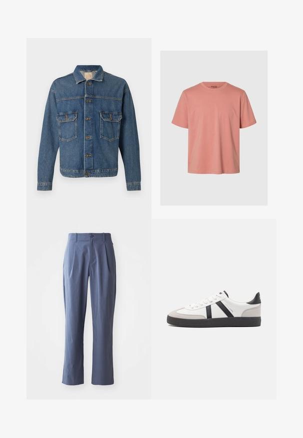 Blå denimjakke med knapfront, to knaplukningsbrystlommer og en klassisk krave på en ensfarvet baggrund.; Kortærmet t-shirt i lyserød bomuld med rund halsudskæring og afslappet pasform. Blød tekstur uden synlige mønstre eller hardware-detaljer.; Mørkeblå bukser med læg, lige snit, lavet af letvægtsstof, med en enkelt frontknaplukning og bæltestropper.; Hvide sneakers med sorte og grå detaljer, med en tekstureret grå tåhætte, sort gummisål og flade hvide snørebånd. Rent design, minimalistisk stil.