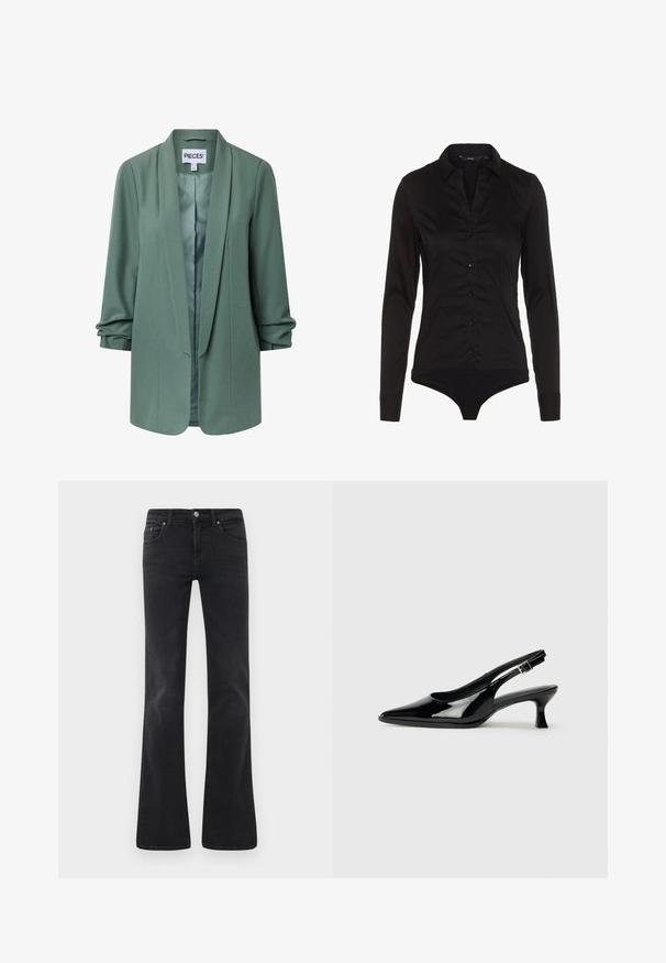 Americana entallada de color verde claro con cuello chal, mangas largas, diseño abierto en el frente y ligero fruncido en los puños.; Bodysuit negro de manga larga con cuello de solapa, abertura con botones en la parte delantera y diseño ajustado. Confeccionado con tejido suave y acabado elegante.; Jeans de mezclilla negros acampanados, que cuentan con un diseño clásico de cinco bolsillos, cierre de botón y detalles de costura sutiles.; Zapatos de charol negro tipo slingback con punta afilada y tacón bajo. Correa ajustable con hebilla en el tobillo.