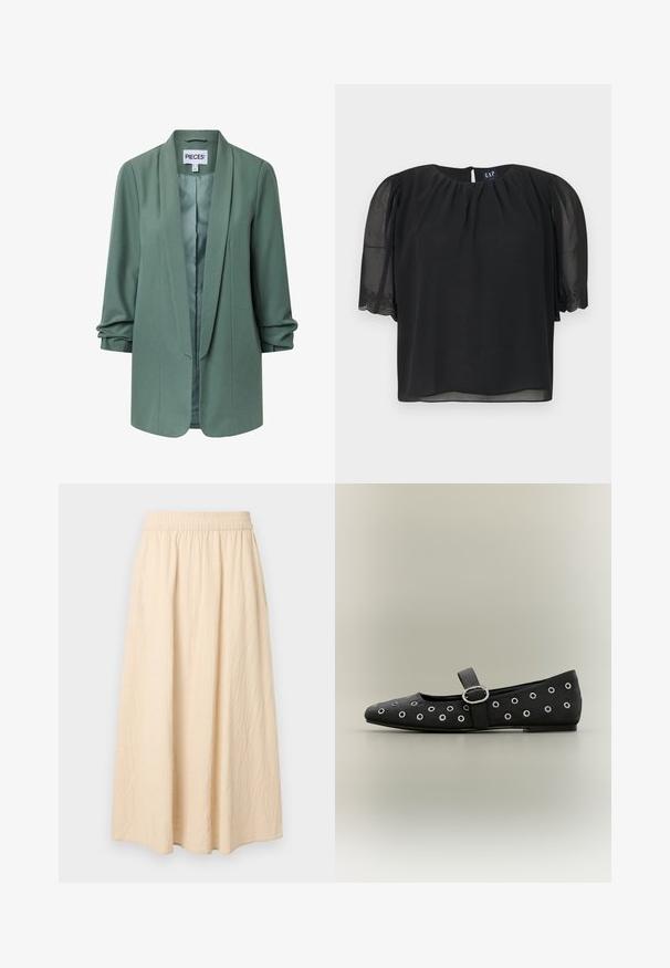 Americana entallada de color verde claro con cuello chal, mangas largas, diseño abierto en el frente y ligero fruncido en los puños.; Blusa negra de manga corta con mangas abullonadas de gasa y delicados bordados en los puños, escote fruncido y etiqueta de GAP en la parte trasera.; Falda larga beige con cintura elástica, tejido de textura suave y una silueta suelta y fluida.; Zapato plano Mary Jane negro con detalles de ojales plateados y una hebilla plateada en la correa sobre un fondo neutro.
