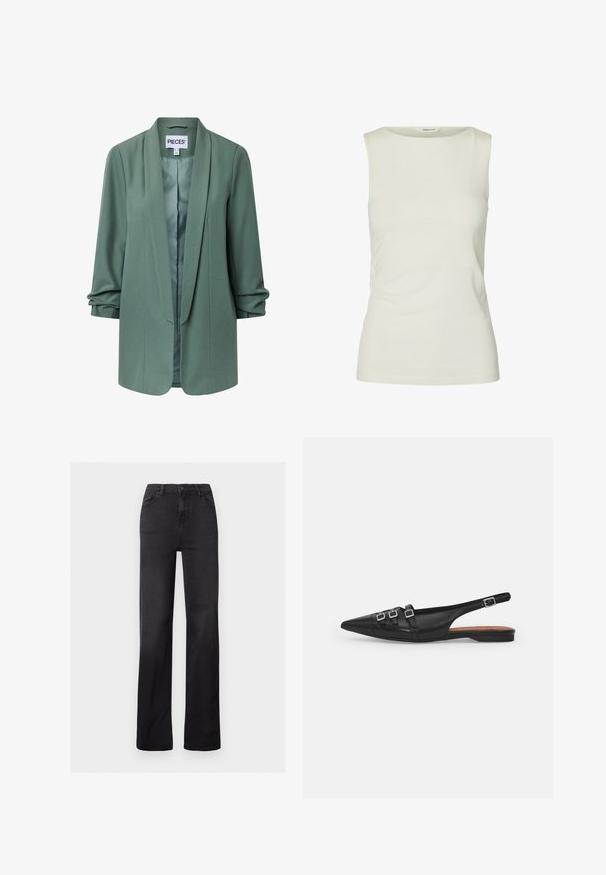Lysegrøn skræddersyet blazer med sjalskrave, lange ærmer, åben front og let rynkning ved manchetterne.; Ærmeløs, ensfarvet hvid tanktop med rund halsudskæring, lavet af glat stof, vist på hvid baggrund.; Sorte denim straight-leg jeans med høj talje, fem-lomme design og synlig syning. Glat tekstur med en let falmet finish.; Sort læderslyngeflad sko med spids tå, der har to vandrette stropper og firkantede sølvspænder, lav hæl og glat tekstur.